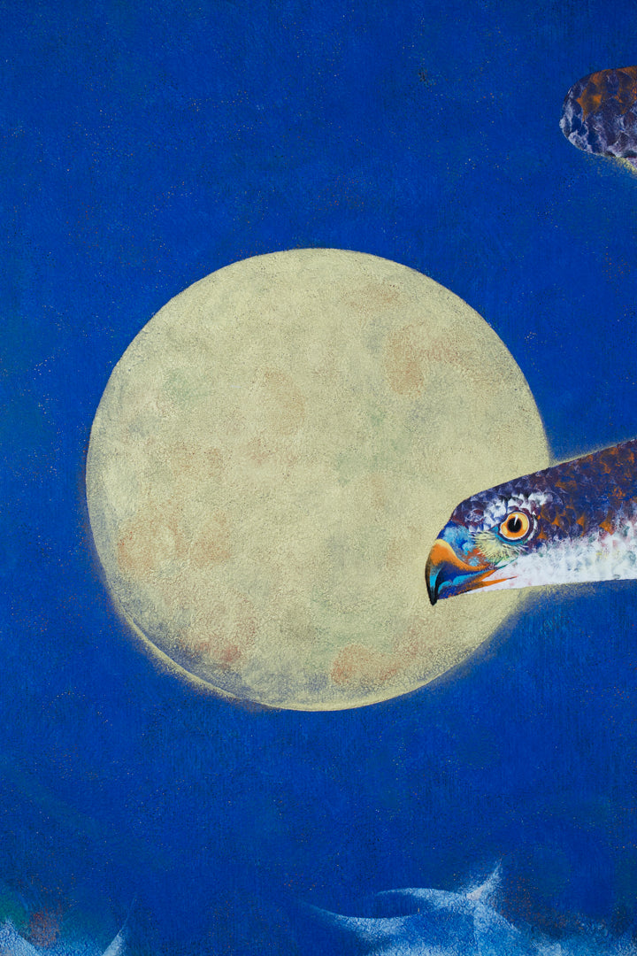 alt="Close-up detail of The Great Hawk painting showing the hawk’s feathers and moonlit sky by Tatsuoki Ichino in Nihonga style"