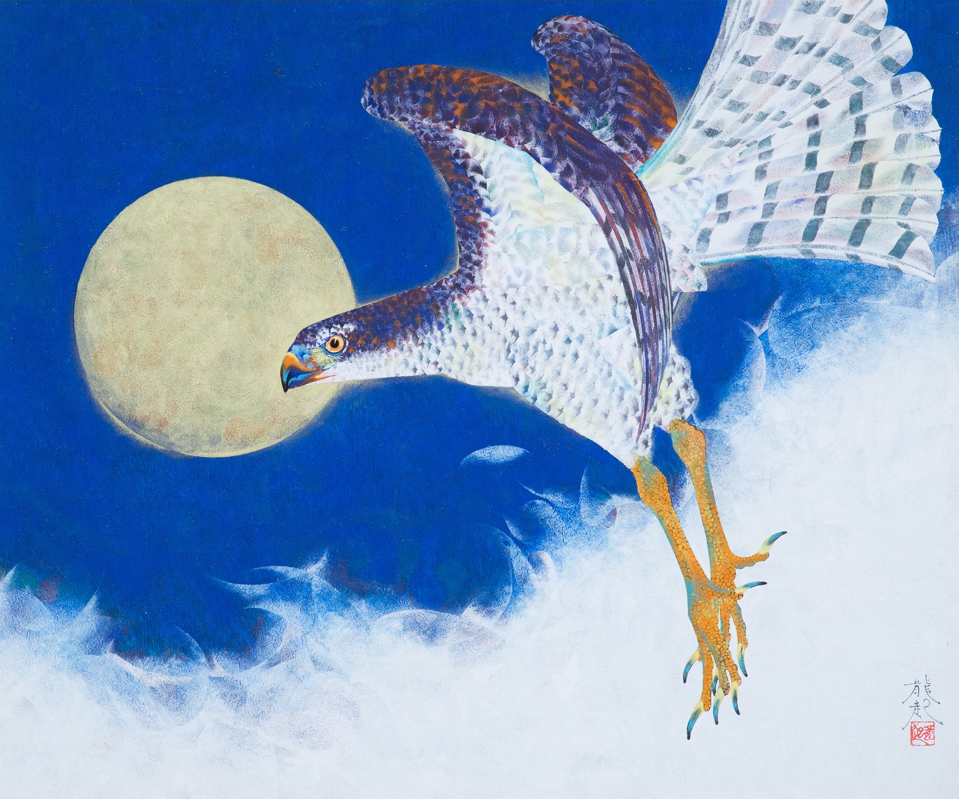 alt="The Great Hawk painting with a hawk spreading its wings before a full moon, rendered in vivid blue, orange, and green hues by Tatsuoki Ichino in Nihonga style"