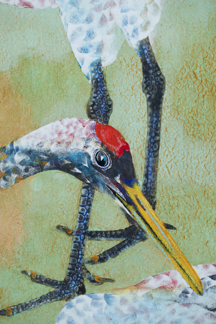 alt="Close-up detail of The Cranes painting showing the intimate preening gesture by Tatsuoki Ichino in Nihonga style"