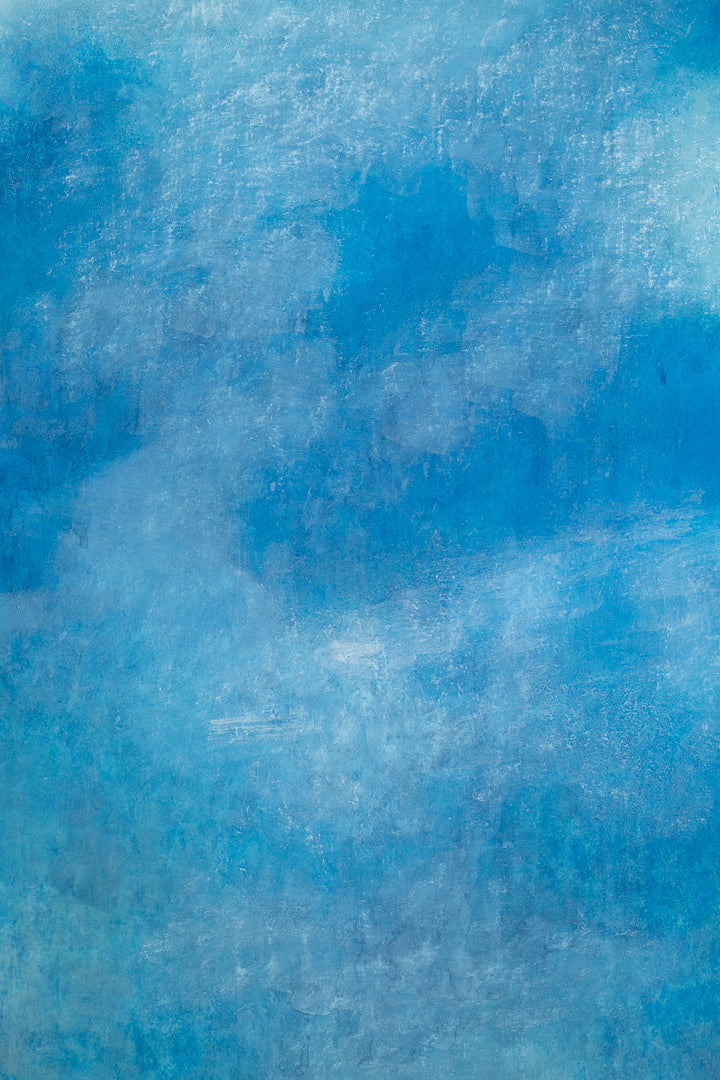alt="Close-up detail of Yuunmushin (Clouds, Wandering Free) painting showing drifting clouds and subtle gradations of blue by Eien Iwahashi in Nihonga style"