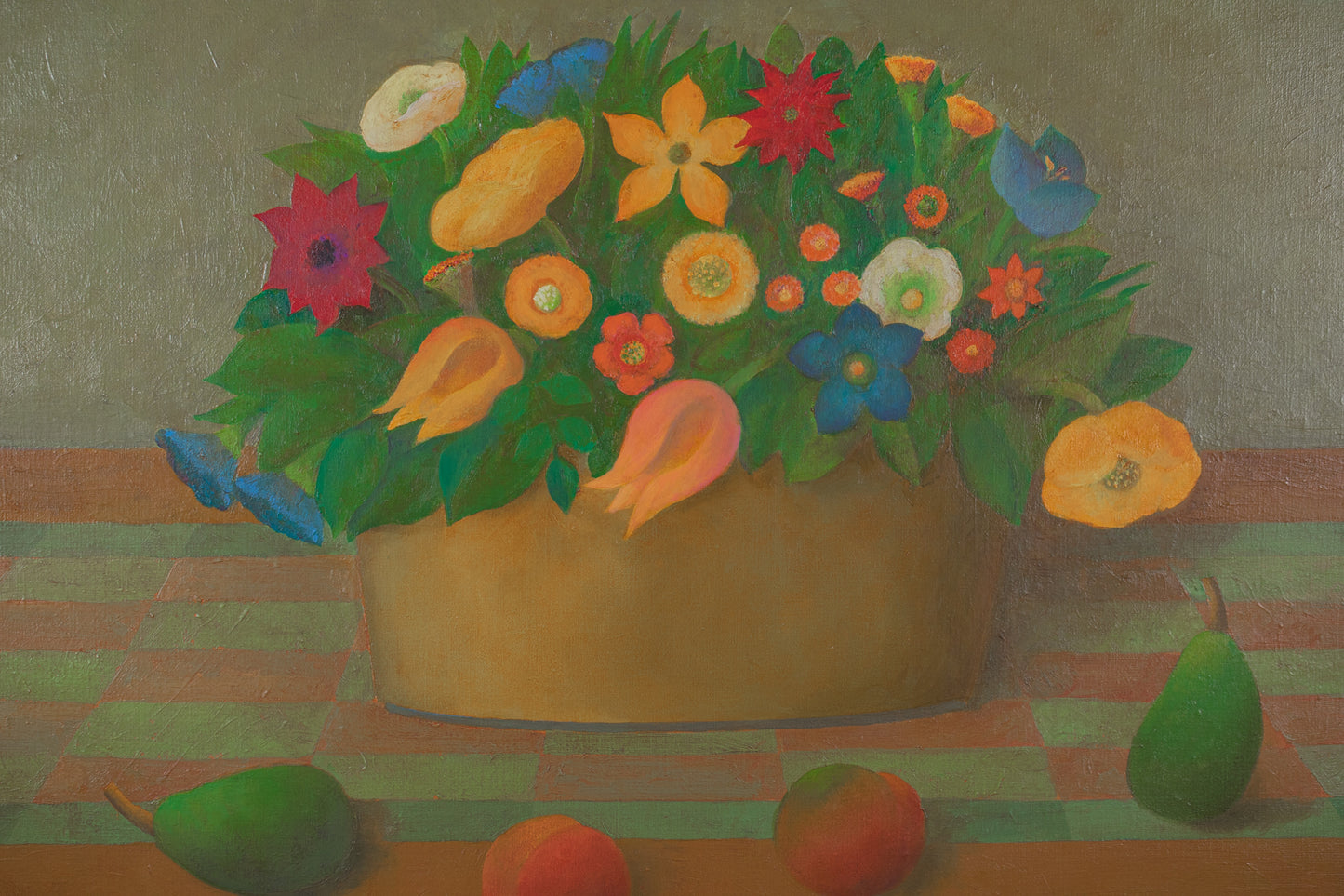 alt="Close-up detail of Flowers and Fruits of Saint-Rémy painting showing tulips and fruits by Kojiro Kosugi in Nihonga style"