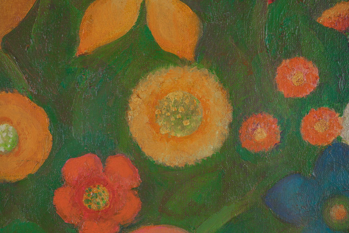 alt="Close-up detail of Flowers and Fruits of Saint-Rémy painting showing tulips and fruits by Kojiro Kosugi in Nihonga style"