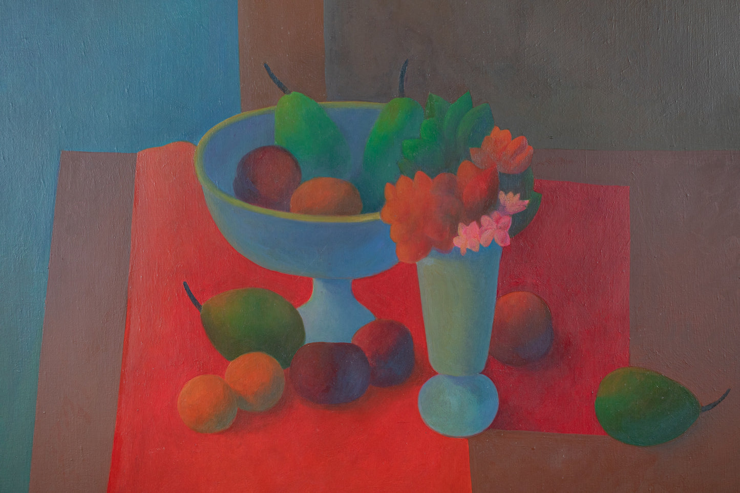 alt="Close-up detail of Madobe no Seibutsu (Still Life by the Window) painting showing the vase with flowers and fruits on a vivid tablecloth by Kojiro Kosugi in Nihonga style"