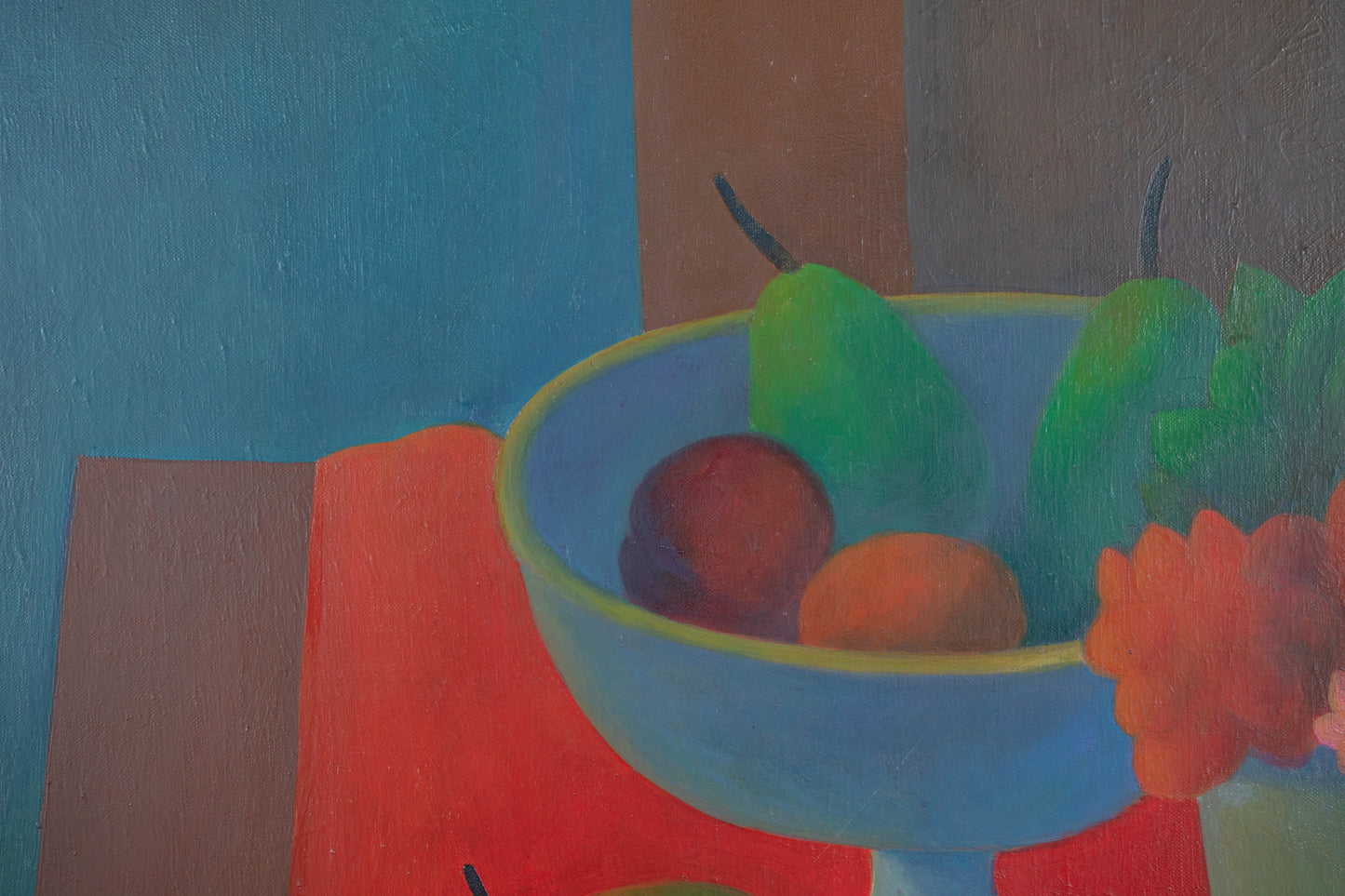 alt="Close-up detail of Madobe no Seibutsu (Still Life by the Window) painting showing the vase with flowers and fruits on a vivid tablecloth by Kojiro Kosugi in Nihonga style"