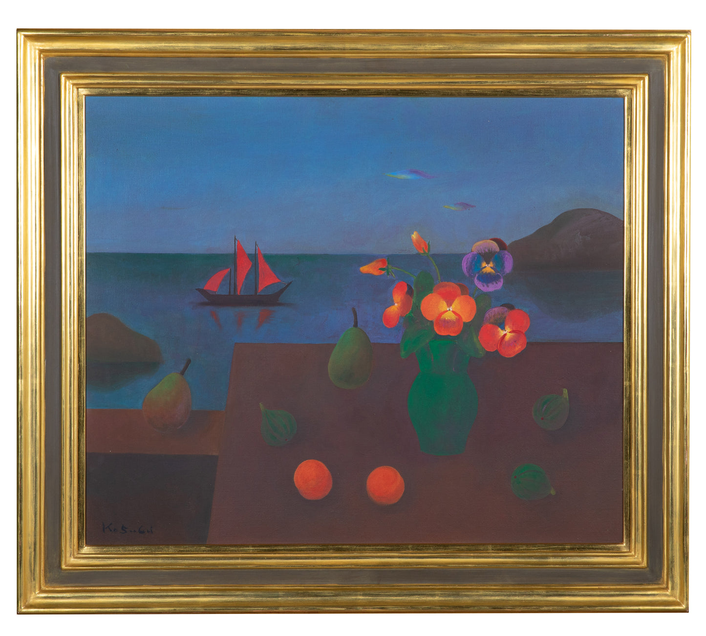 alt="Framed Umibe no Sanshoku Sumire (Pansies by the Seaside) painting by Kojiro Kosugi in Nihonga style"
