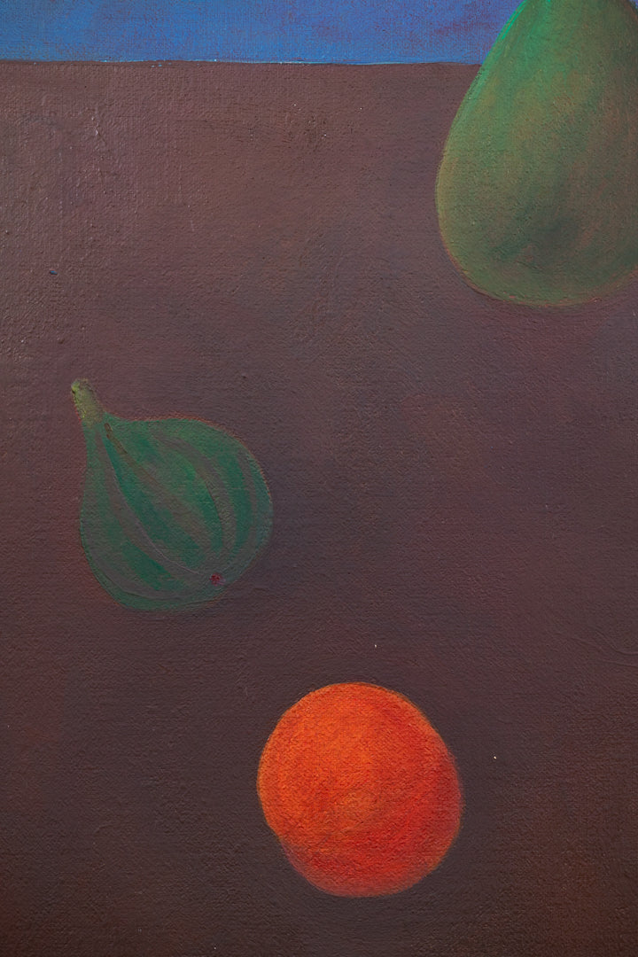 alt="Close-up detail of Umibe no Sanshoku Sumire (Pansies by the Seaside) painting showing pansies, fruits, and sea background by Kojiro Kosugi in Nihonga style"