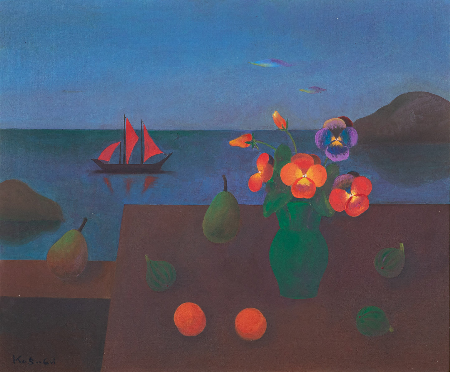 alt="Umibe no Sanshoku Sumire (Pansies by the Seaside) painting with vivid pansies in a green vase, calm sea with a sailing boat, and fruits on the table by Kojiro Kosugi in Nihonga style"