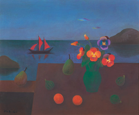 alt="Umibe no Sanshoku Sumire (Pansies by the Seaside) painting with vivid pansies in a green vase, calm sea with a sailing boat, and fruits on the table by Kojiro Kosugi in Nihonga style"
