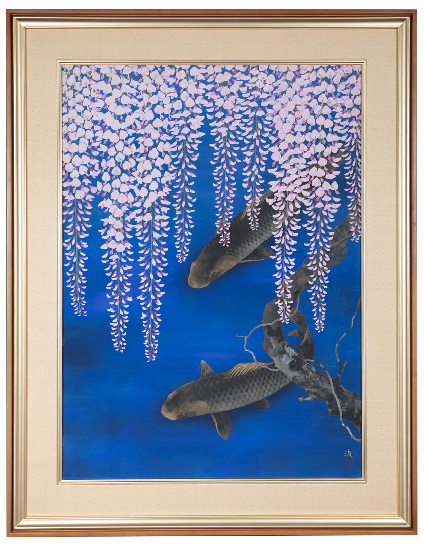 alt="Framed Harufukamu painting by Susumu Maki in Nihonga style"