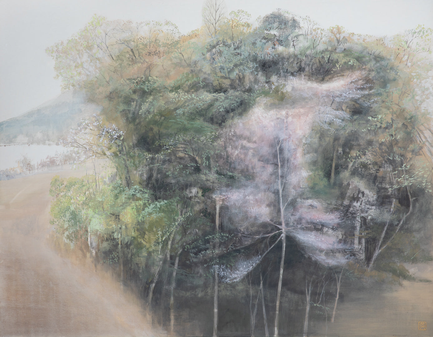 alt="Yamazakura painting of wild cherry trees in a mountain landscape by Mika Okumura in Nihonga style"