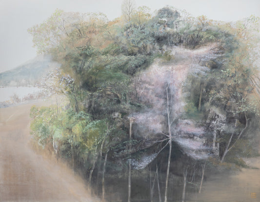alt="Yamazakura painting of wild cherry trees in a mountain landscape by Mika Okumura in Nihonga style"