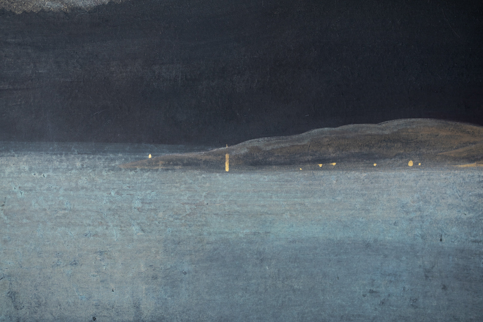 alt="Close-up detail of Yasoukyoku (Nocturne) painting showing the geometric townscape and moonlit sky by Mika Okumura in Nihonga style"
