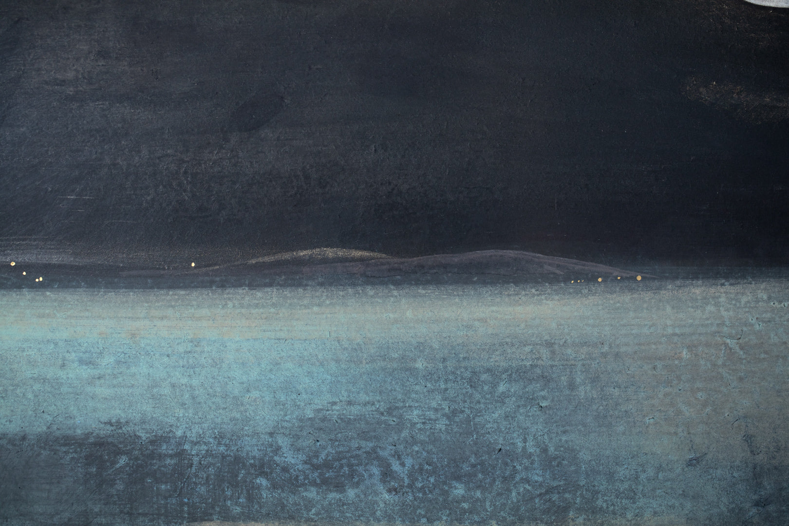 alt="Close-up detail of Yasoukyoku (Nocturne) painting showing the geometric townscape and moonlit sky by Mika Okumura in Nihonga style"