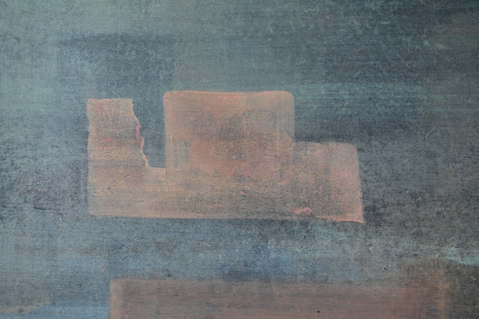 alt="Close-up detail of Yasoukyoku (Nocturne) painting showing the geometric townscape and moonlit sky by Mika Okumura in Nihonga style"