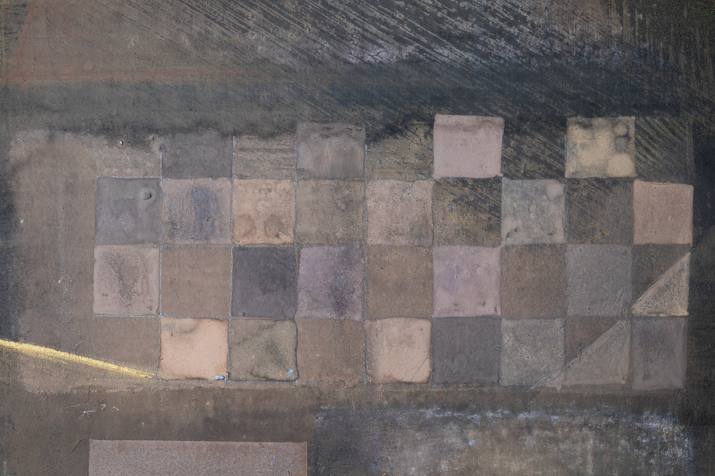 alt="Close-up detail of Yasoukyoku (Nocturne) painting showing the geometric townscape and moonlit sky by Mika Okumura in Nihonga style"