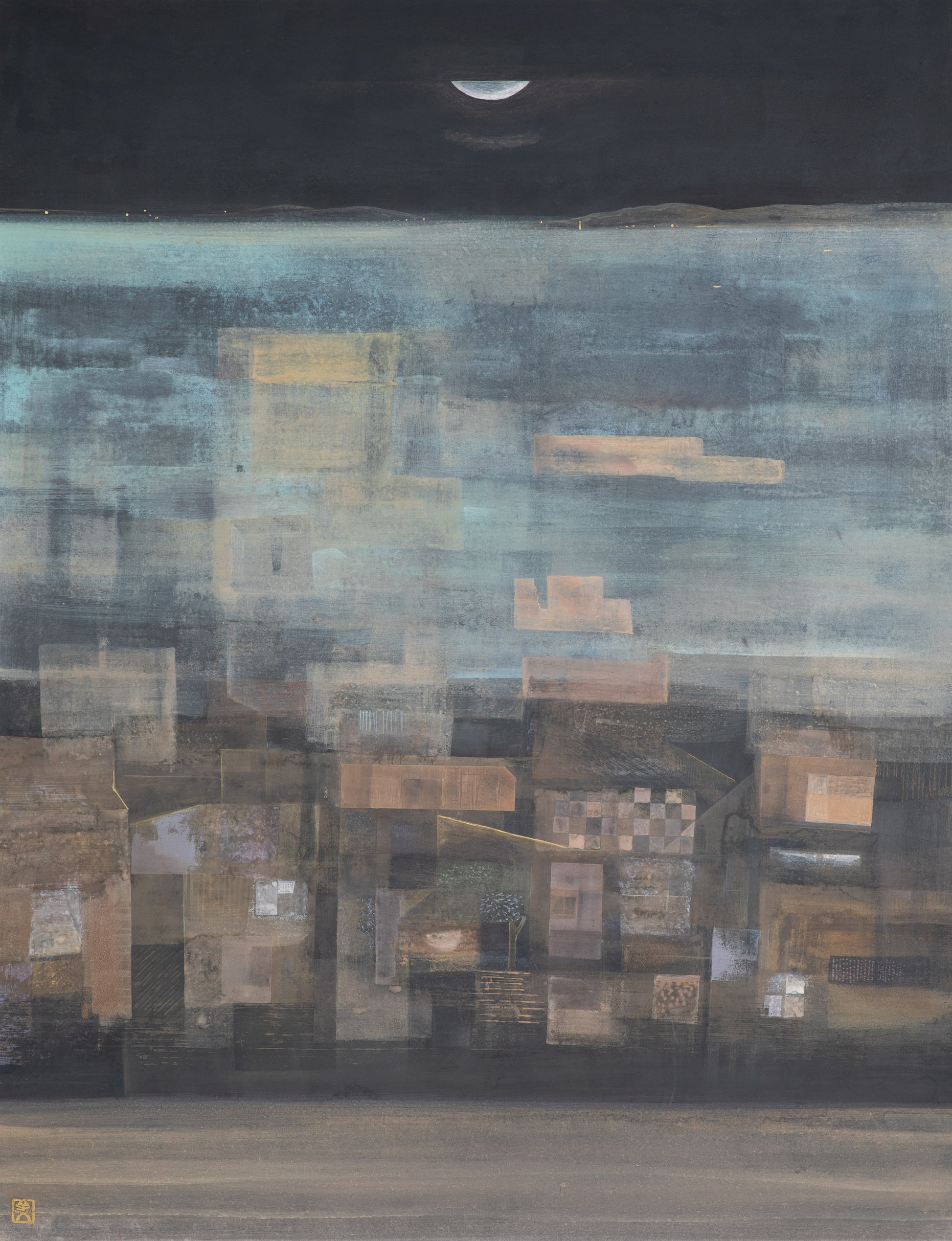 alt="Yasoukyoku (Nocturne) painting of a quiet townscape under a half-moon with sea and sky blending in shades of blue by Mika Okumura in Nihonga style"
