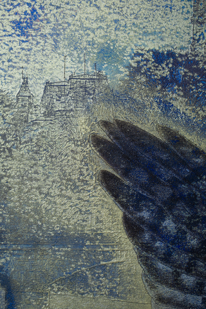 alt="Close-up detail of Kakou painting by Yoshihiro Shimoda in Nihonga style"