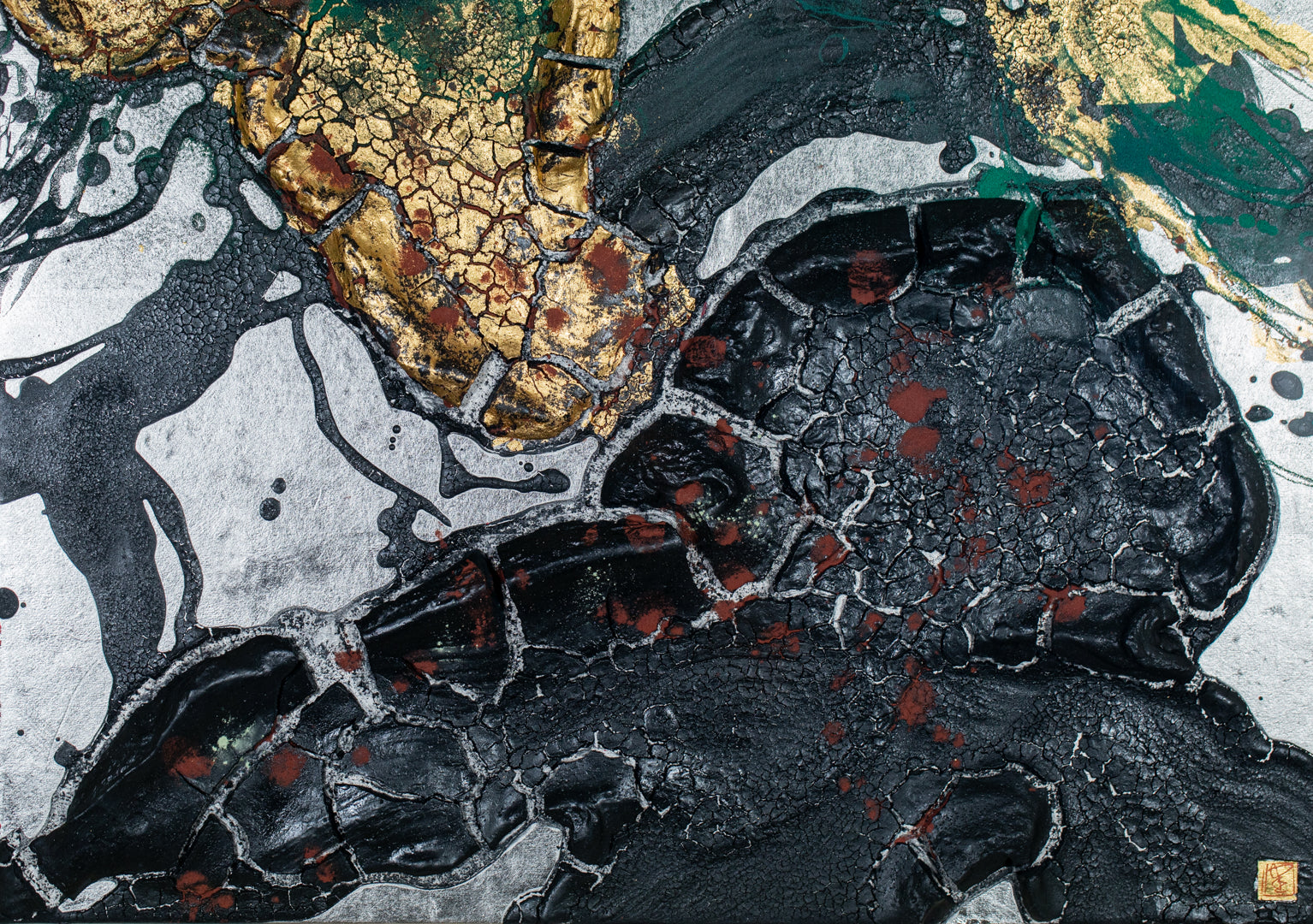 alt="Close-up detail of The Reclining Dragon Pine painting showing cracked ink texture and scattered malachite pigment by Takehiko Sugawara in Nihonga style"