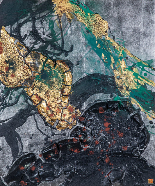 alt="The Reclining Dragon Pine painting with platinum leaf ground, cracked soot ink texture, and pine trunk with gold and red tones by Takehiko Sugawara in Nihonga style"