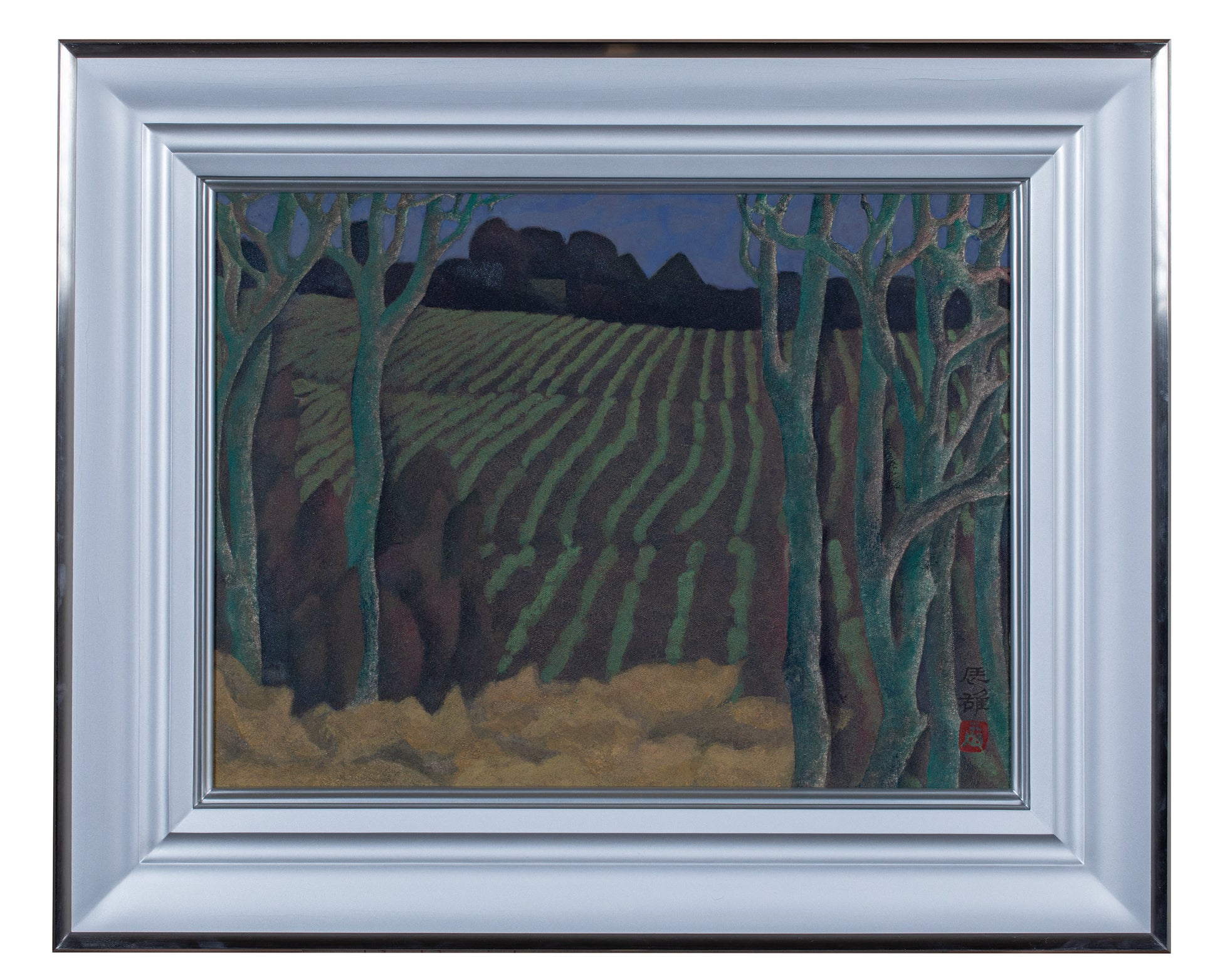alt="Framed Akeru Oka (The Hill at Dawn) painting by Tatsuo Takayama in Nihonga style"