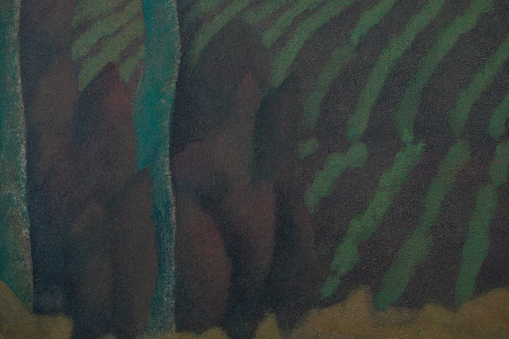 alt="Close-up detail of Akeru Oka (The Hill at Dawn) painting showing the fields, grove, and morning sky by Tatsuo Takayama in Nihonga style"
