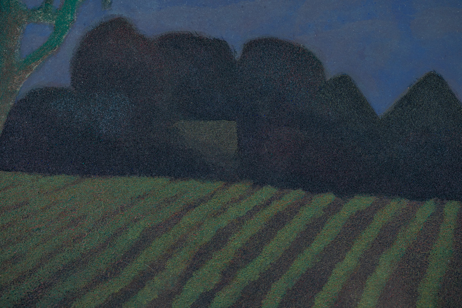 alt="Close-up detail of Akeru Oka (The Hill at Dawn) painting showing the fields, grove, and morning sky by Tatsuo Takayama in Nihonga style"