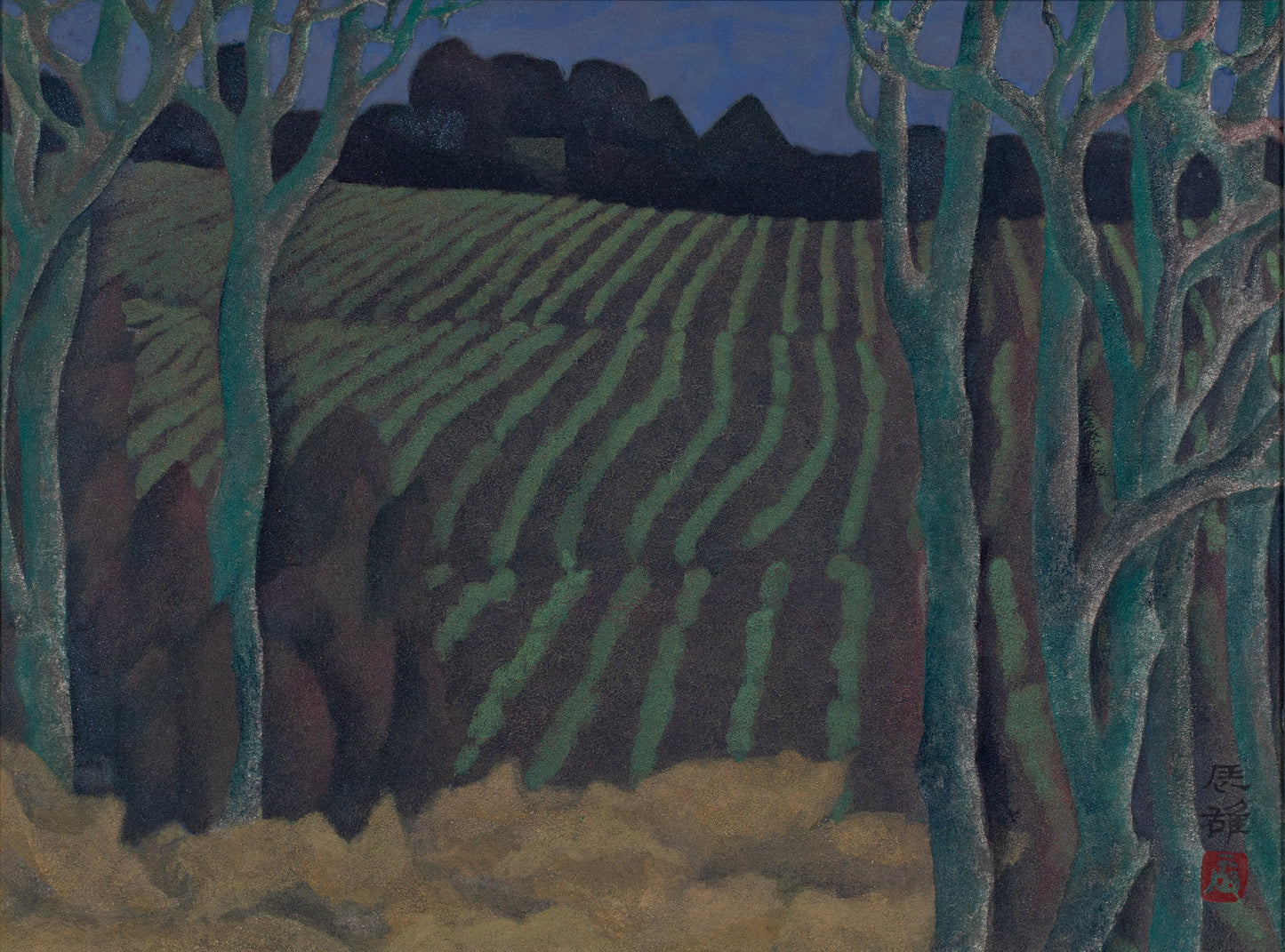 alt="Akeru Oka (The Hill at Dawn) painting with green fields, a grove in shadow, and a red-tinged sky before sunrise by Tatsuo Takayama in Nihonga style"