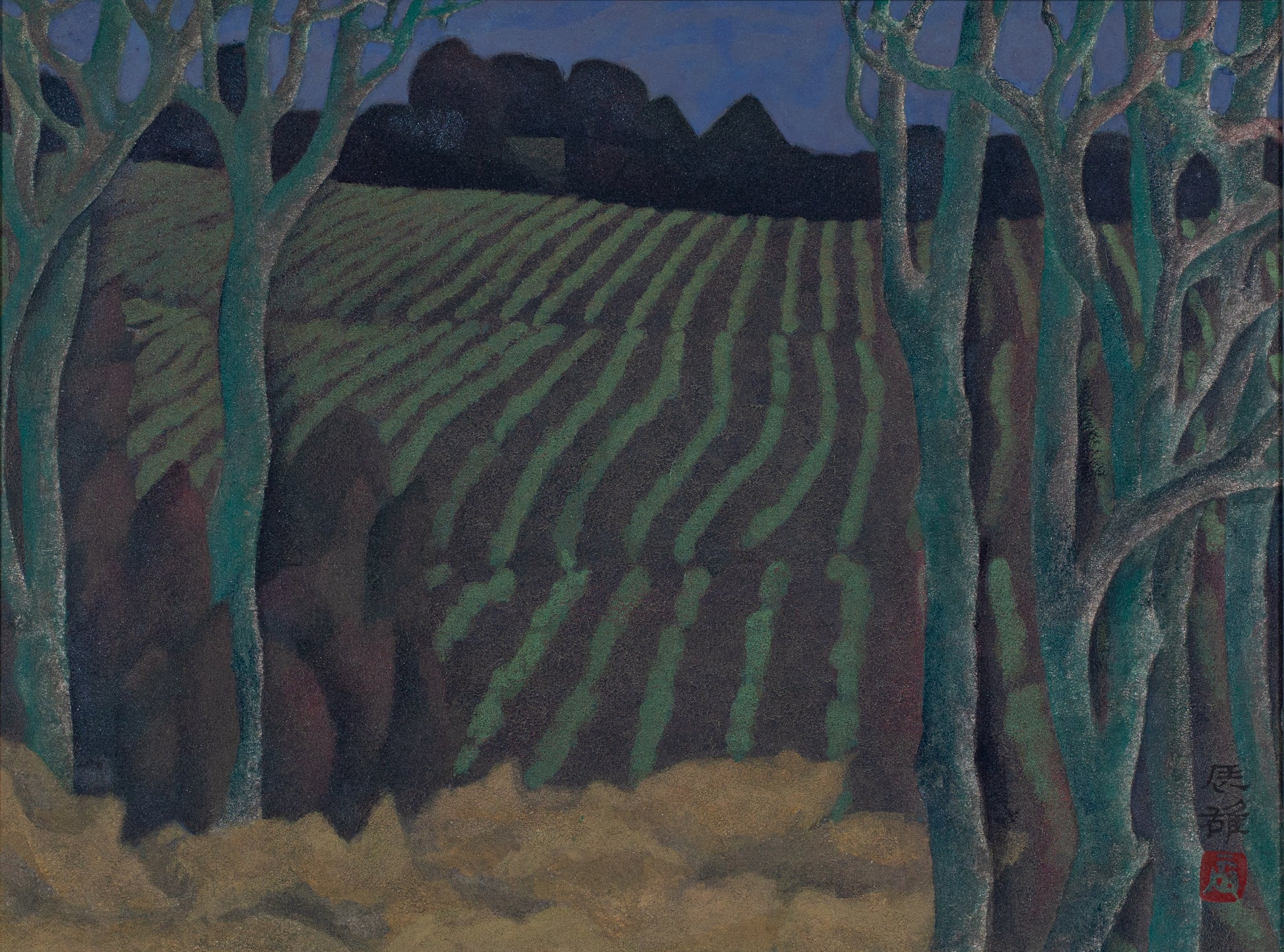 alt="Akeru Oka (The Hill at Dawn) painting with green fields, a grove in shadow, and a red-tinged sky before sunrise by Tatsuo Takayama in Nihonga style"