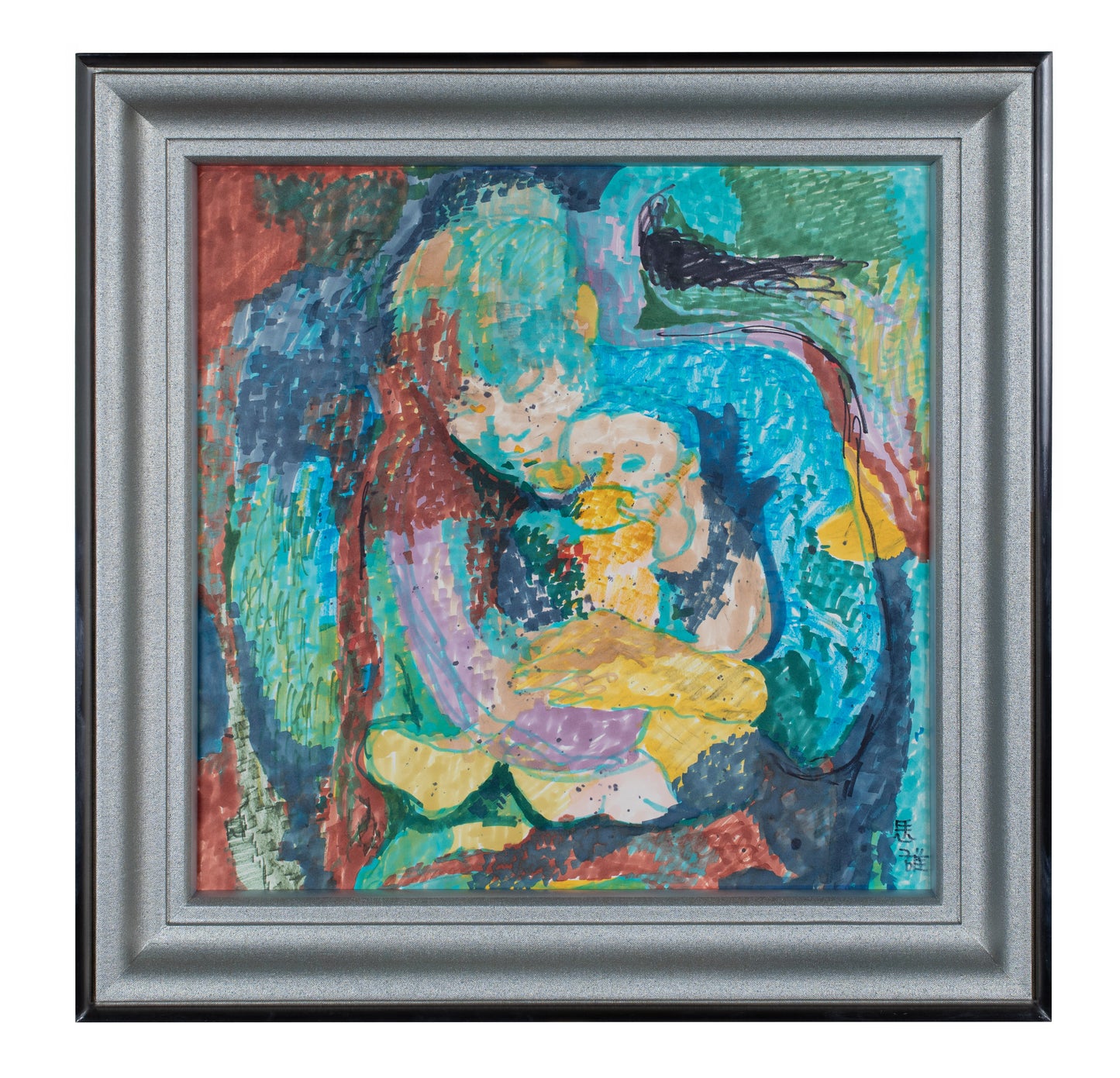 alt="Framed Dakareru (The Embrace) painting by Tatsuo Takayama in Nihonga style"