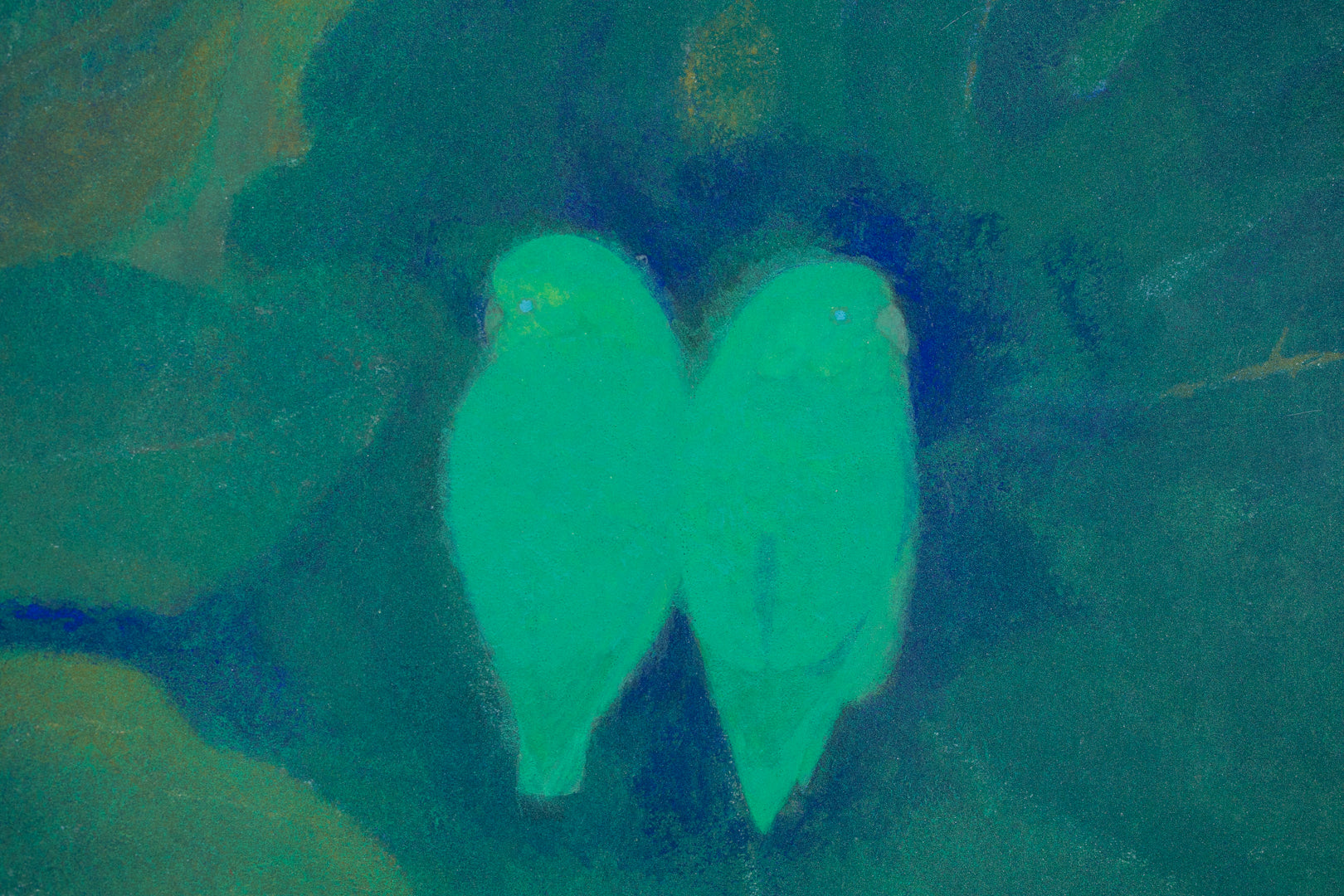 alt="Close-up detail of Inko (The Parakeets) painting showing the vivid green parakeets and colorful leaves by Tatsuo Takayama in Nihonga style"