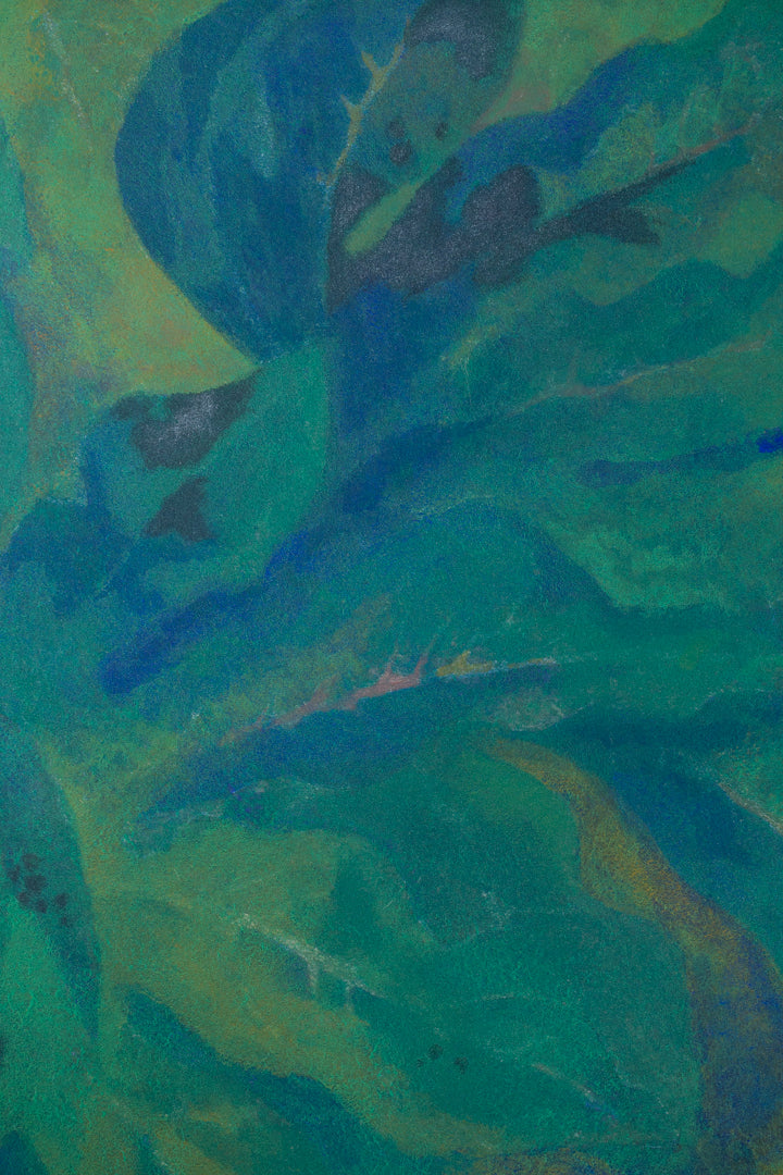 alt="Close-up detail of Inko (The Parakeets) painting showing the vivid green parakeets and colorful leaves by Tatsuo Takayama in Nihonga style"