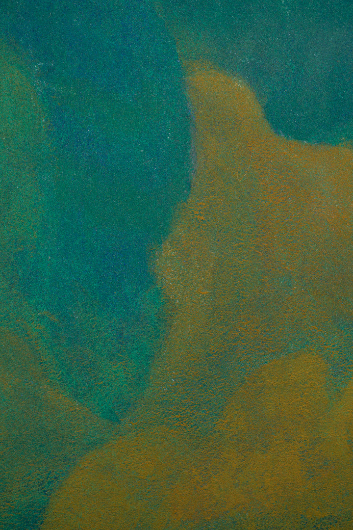 alt="Close-up detail of Inko (The Parakeets) painting showing the vivid green parakeets and colorful leaves by Tatsuo Takayama in Nihonga style"