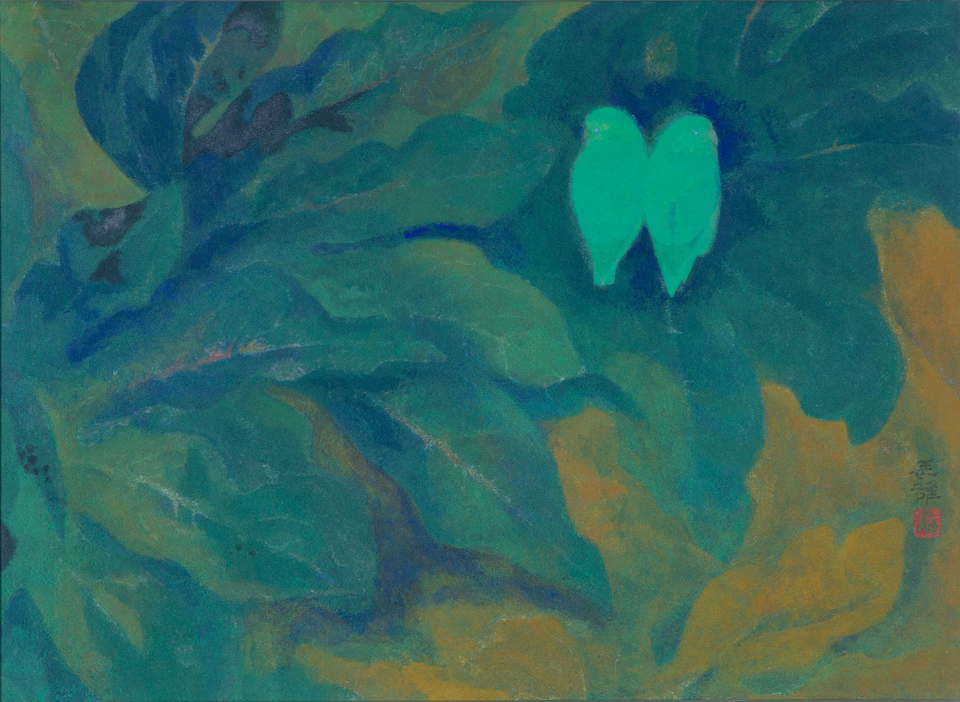 alt="Inko (The Parakeets) painting with two vivid green parakeets resting on colorful leaves against an ocher ground by Tatsuo Takayama in Nihonga style"