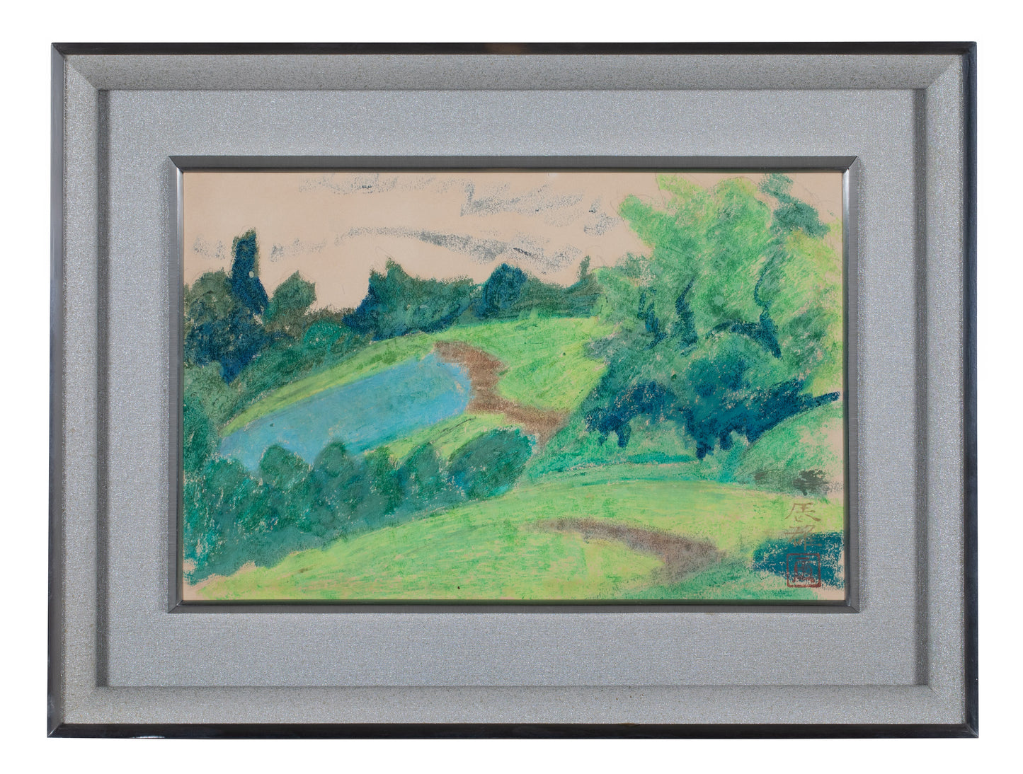 alt="Framed Kougai Fuukei (The Suburban Landscape) pastel drawing by Tatsuo Takayama"