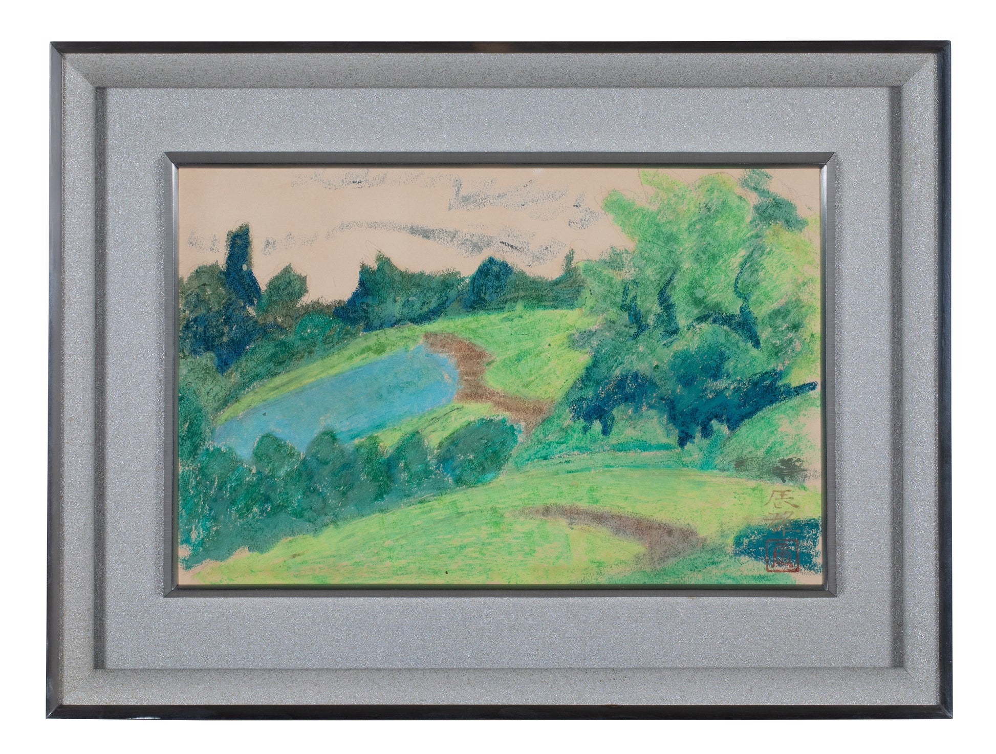 alt="Framed Kougai Fuukei (The Suburban Landscape) pastel drawing by Tatsuo Takayama"