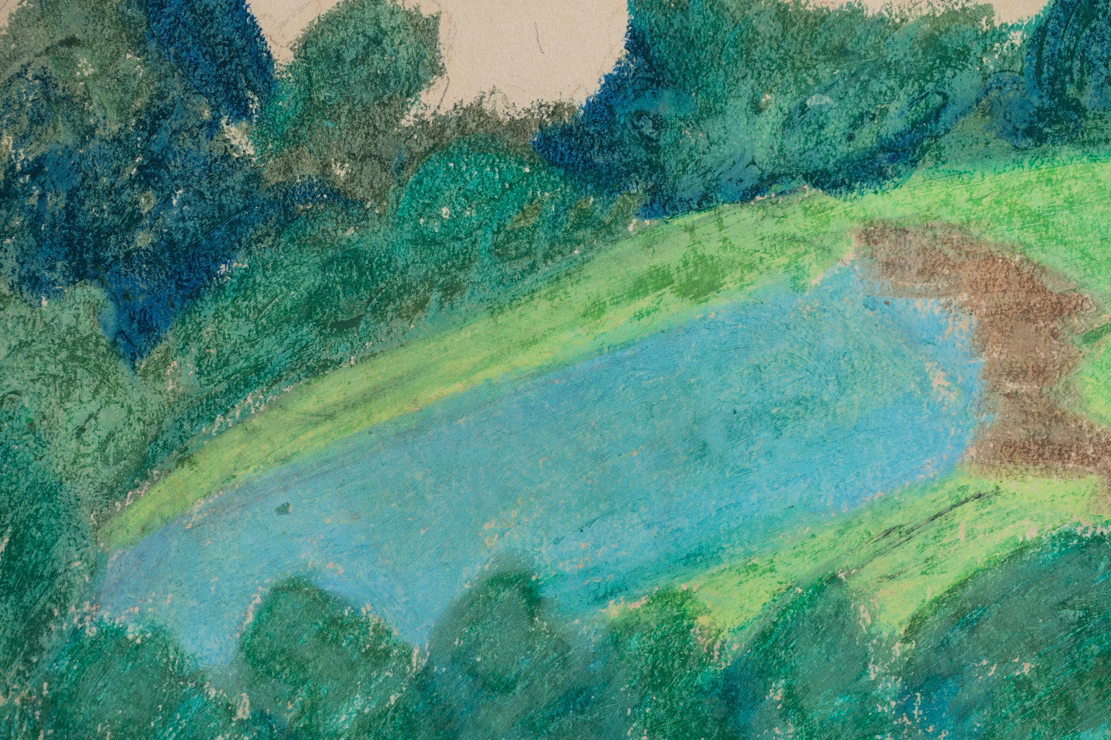 alt="Close-up detail of Kougai Fuukei (The Suburban Landscape) pastel drawing showing the lakeside path and soft mountain contours by Tatsuo Takayama"