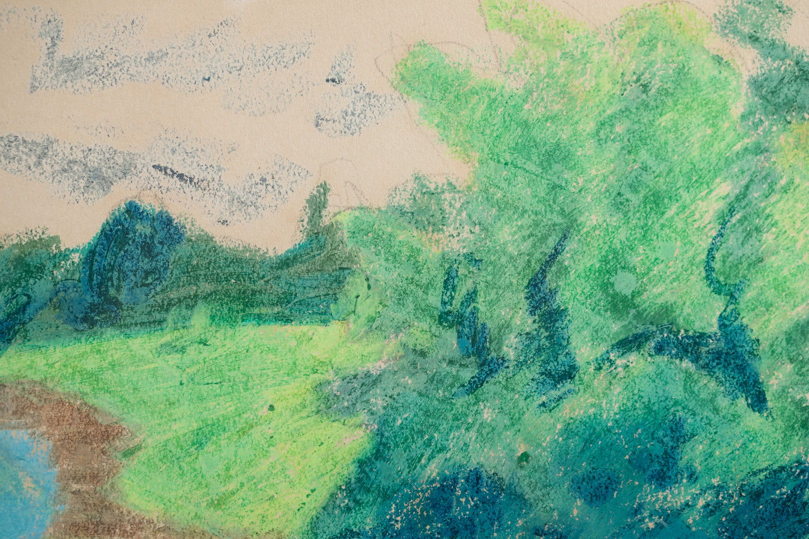 alt="Close-up detail of Kougai Fuukei (The Suburban Landscape) pastel drawing showing the lakeside path and soft mountain contours by Tatsuo Takayama"