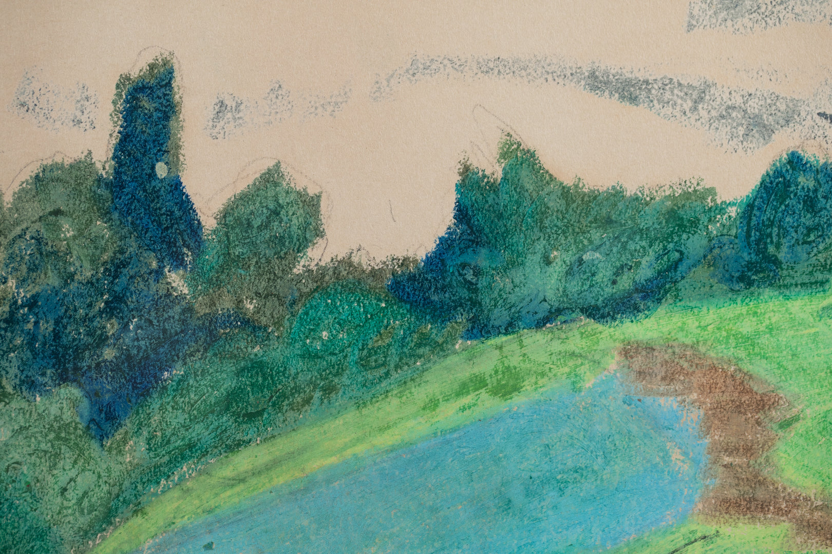 alt="Close-up detail of Kougai Fuukei (The Suburban Landscape) pastel drawing showing the lakeside path and soft mountain contours by Tatsuo Takayama"