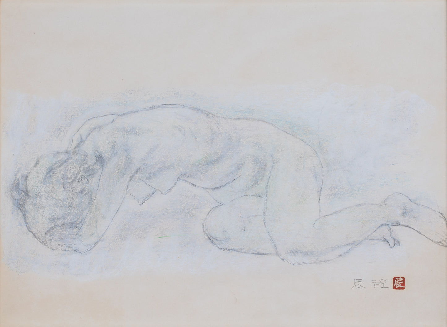 alt="Rafu Sobyou (Nude – Drawing) charcoal study of a seated woman with delicate shading and subtle transparency by Tatsuo Takayama in Nihonga style"