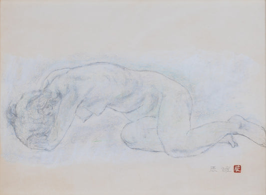 alt="Rafu Sobyou (Nude – Drawing) charcoal study of a seated woman with delicate shading and subtle transparency by Tatsuo Takayama in Nihonga style"