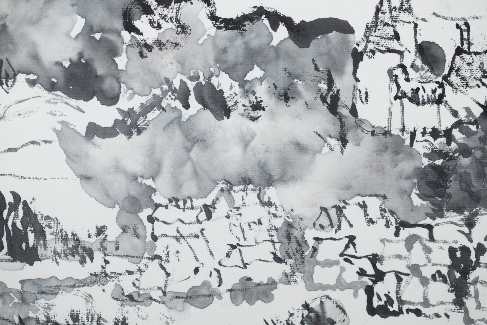 alt="Close-up detail of Shiro no Aru Oka (The Hill with a Castle) painting showing the winding road, castle, and village rendered in ink by Tatsuo Takayama in Nihonga style"