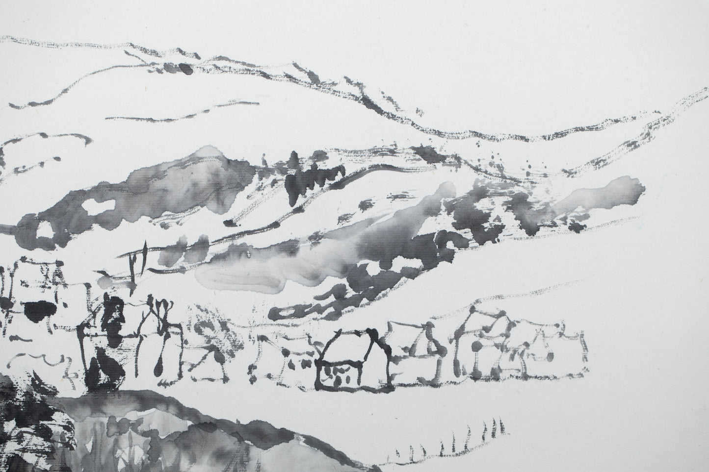 alt="Close-up detail of Shiro no Aru Oka (The Hill with a Castle) painting showing the winding road, castle, and village rendered in ink by Tatsuo Takayama in Nihonga style"