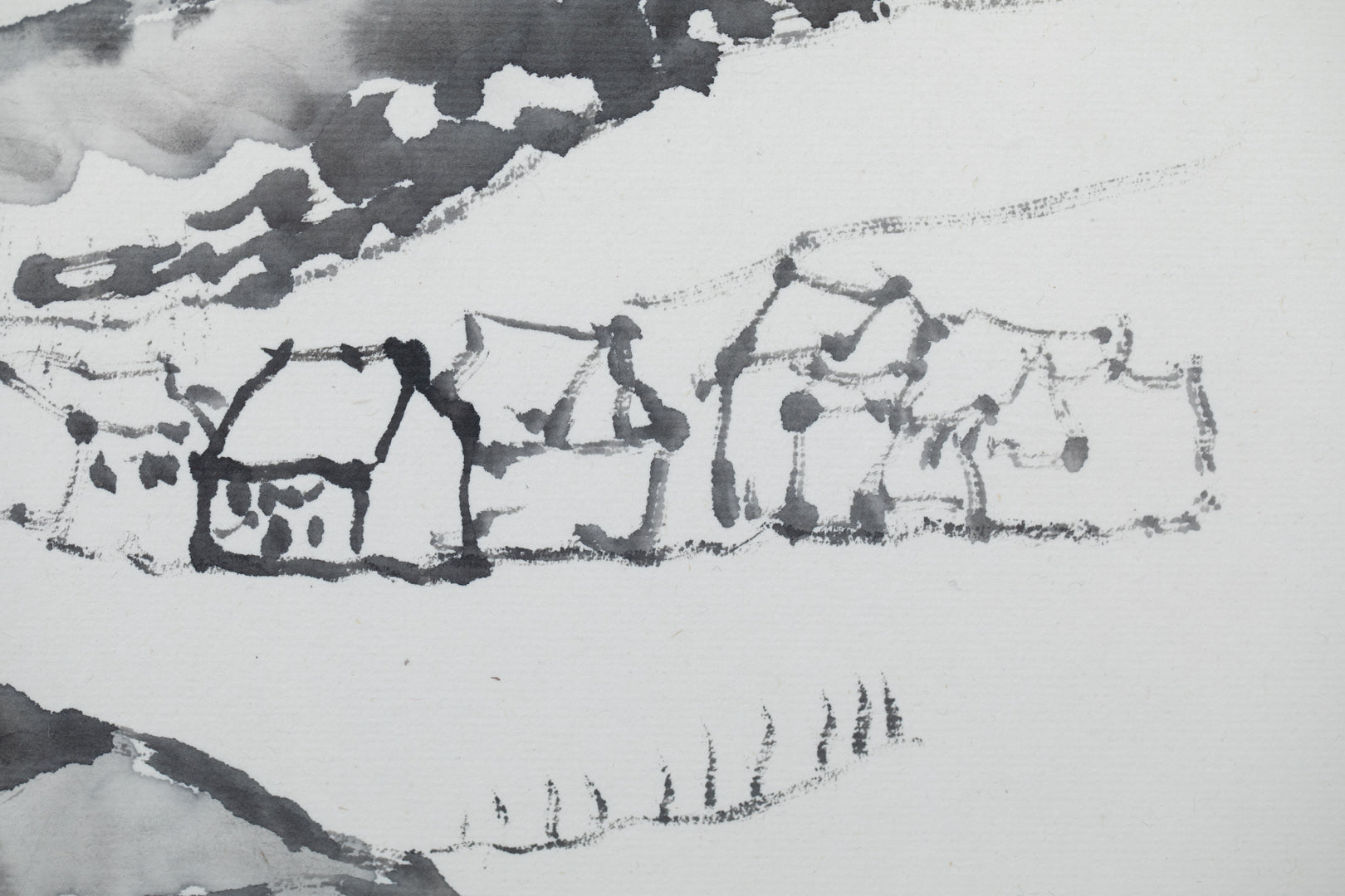 alt="Close-up detail of Shiro no Aru Oka (The Hill with a Castle) painting showing the winding road, castle, and village rendered in ink by Tatsuo Takayama in Nihonga style"