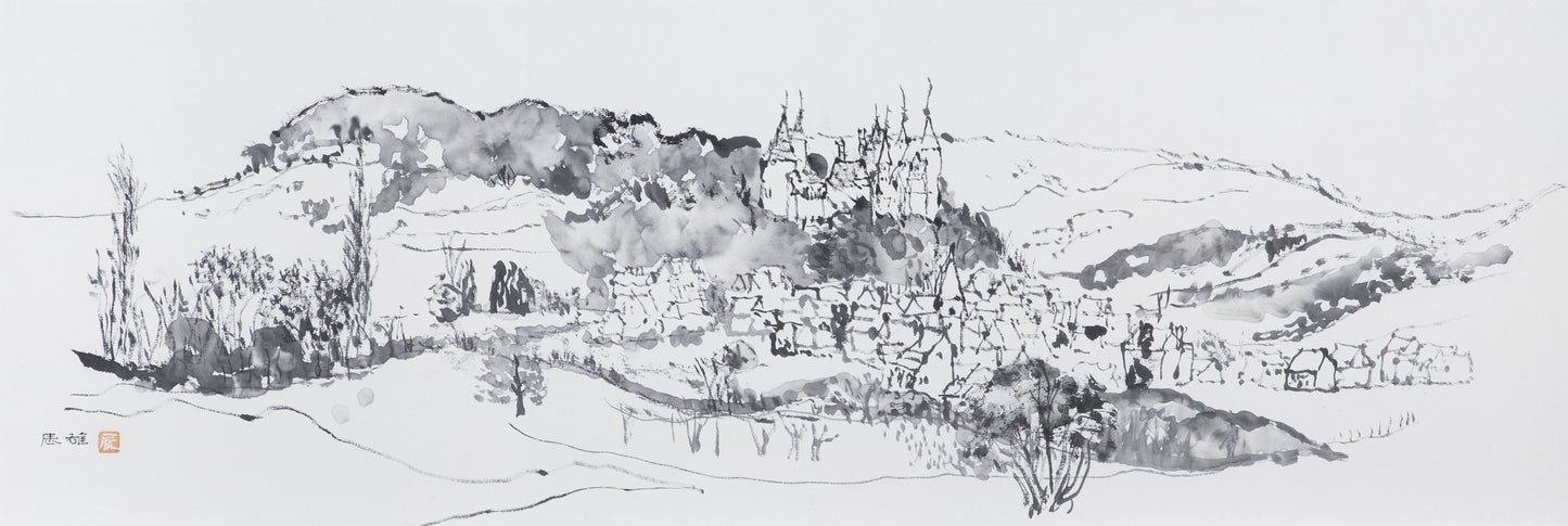 alt="Shiro no Aru Oka (The Hill with a Castle) ink painting with a winding road leading to a hilltop castle and village by Tatsuo Takayama in Nihonga style"
