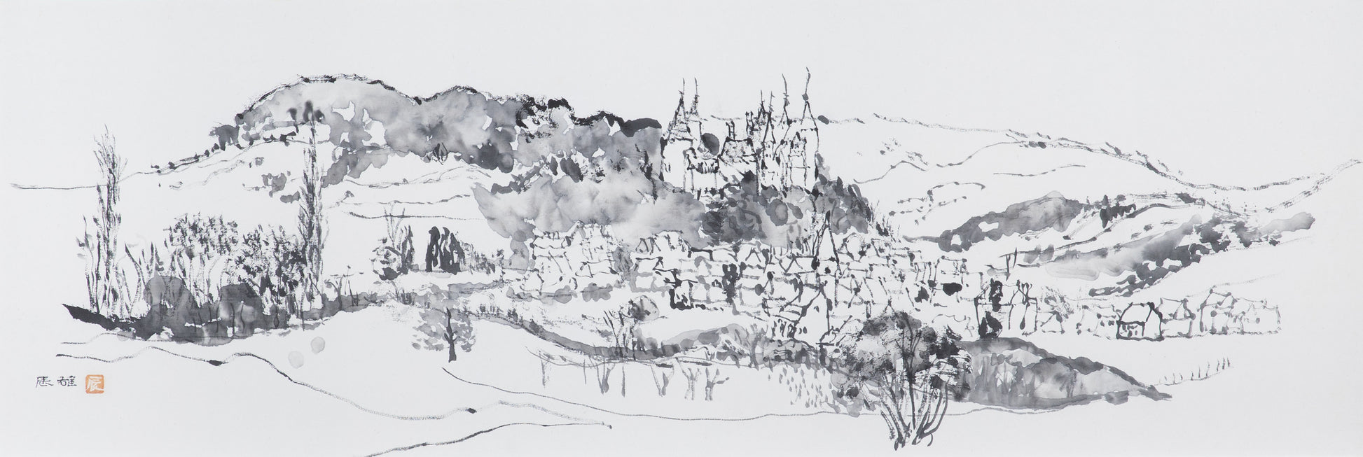alt="Shiro no Aru Oka (The Hill with a Castle) ink painting with a winding road leading to a hilltop castle and village by Tatsuo Takayama in Nihonga style"