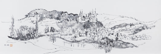 alt="Shiro no Aru Oka (The Hill with a Castle) ink painting with a winding road leading to a hilltop castle and village by Tatsuo Takayama in Nihonga style"