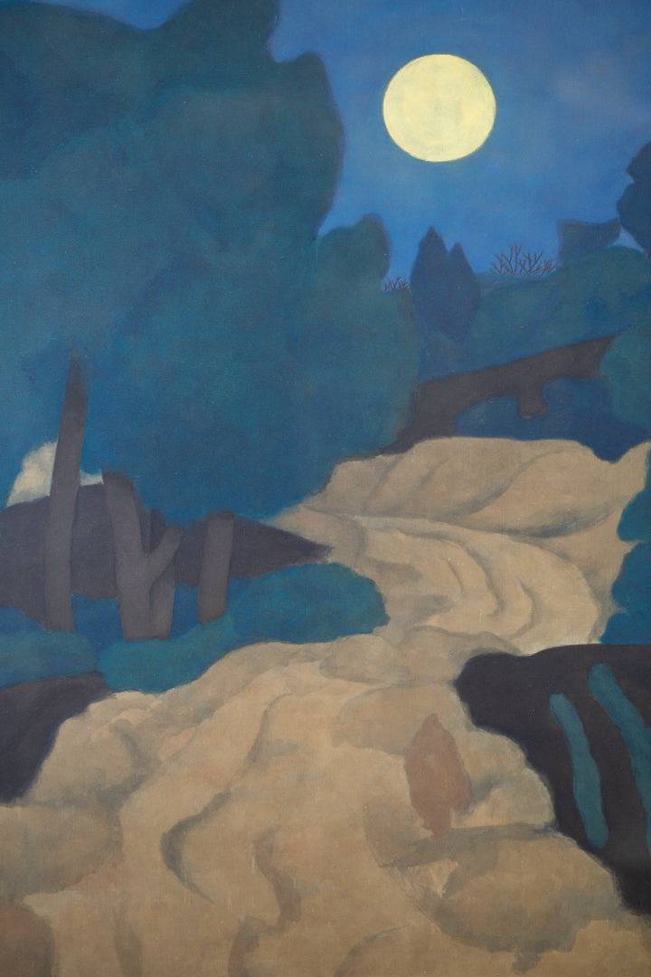 alt="Close-up detail of Tsuki painting showing the illuminated trees and winding path under the full moon by Tatsuo Takayama in Nihonga style"