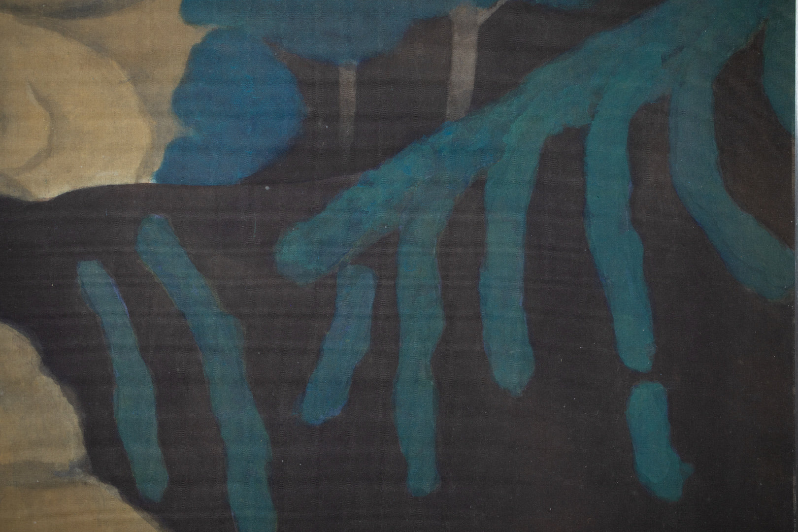alt="Close-up detail of Tsuki painting showing the illuminated trees and winding path under the full moon by Tatsuo Takayama in Nihonga style"