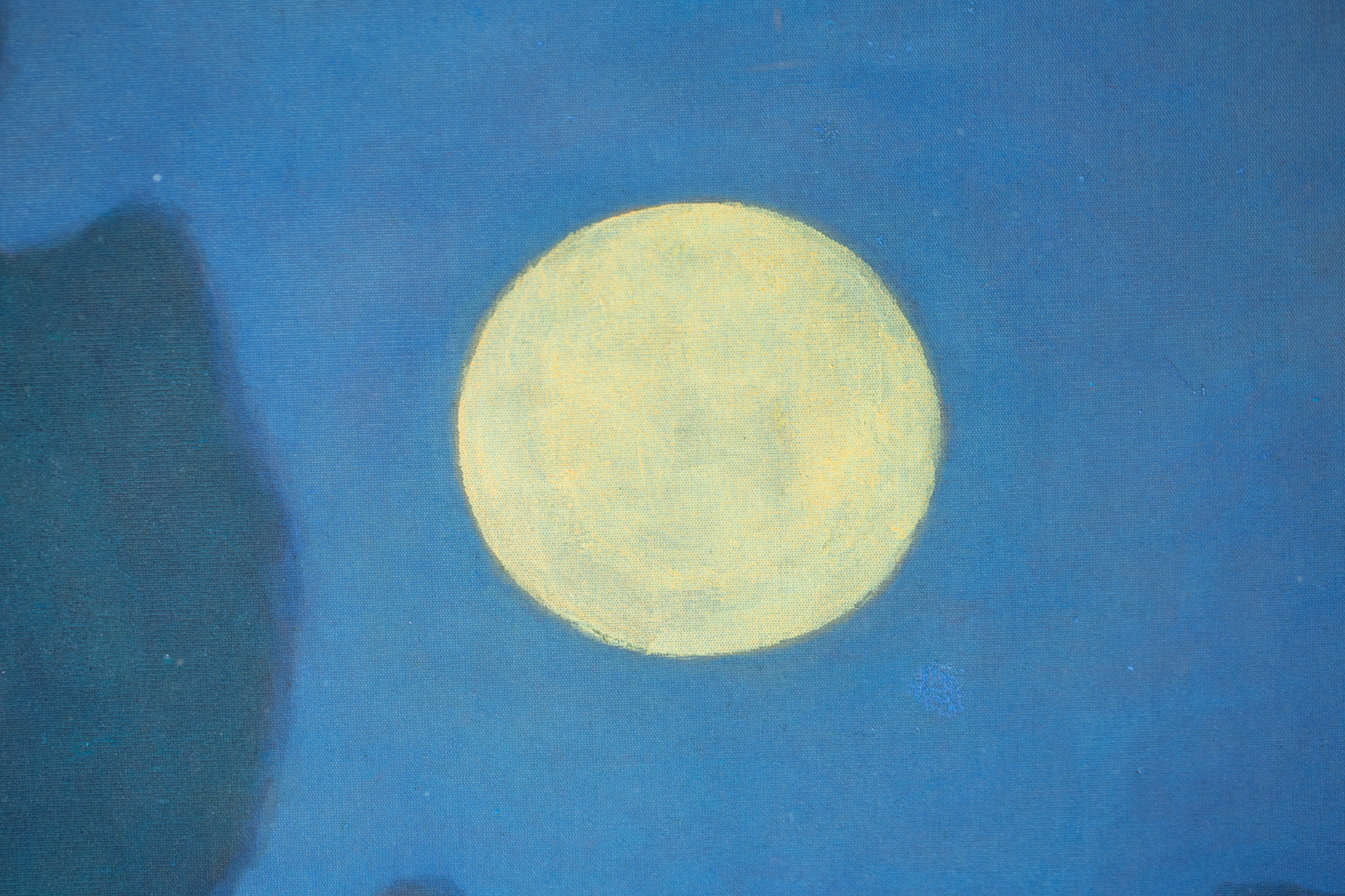 alt="Close-up detail of Tsuki painting showing the illuminated trees and winding path under the full moon by Tatsuo Takayama in Nihonga style"