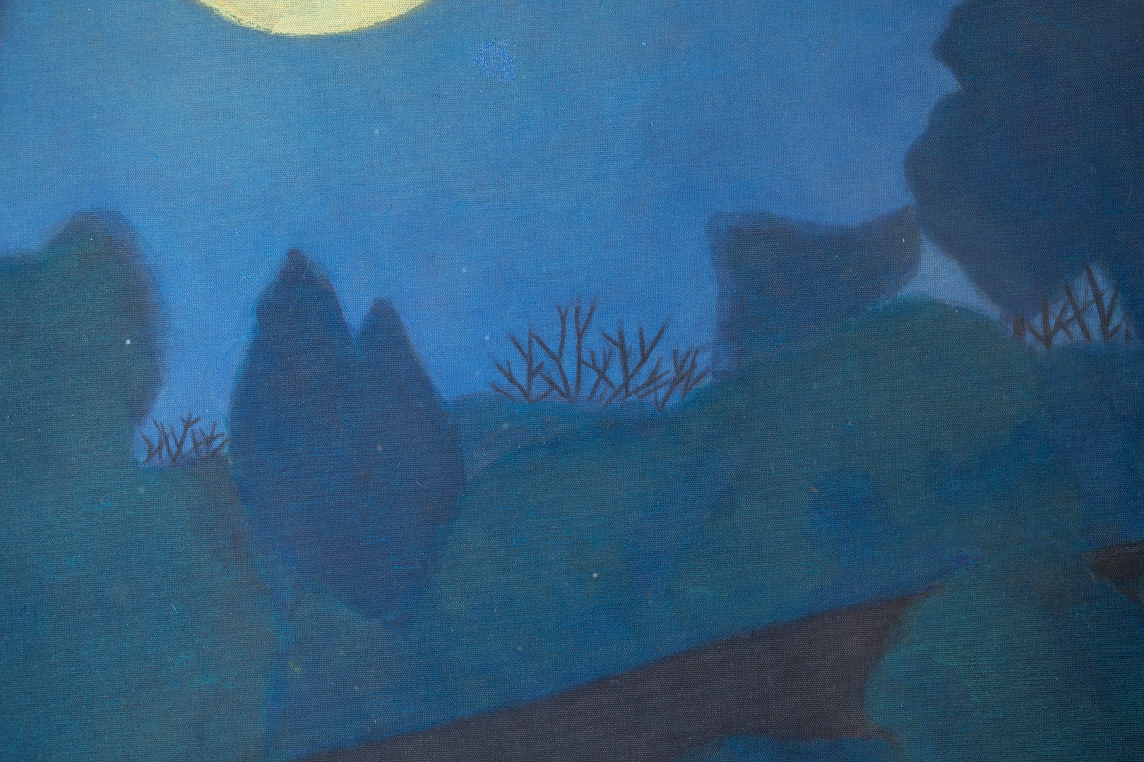 alt="Close-up detail of Tsuki painting showing the illuminated trees and winding path under the full moon by Tatsuo Takayama in Nihonga style"